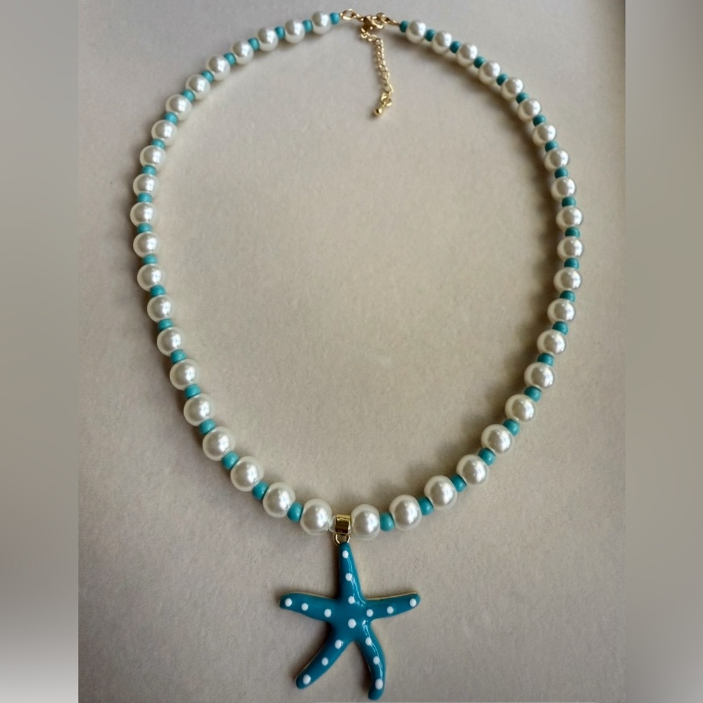 Blue Starfish Pendant Necklace with pearl Beads